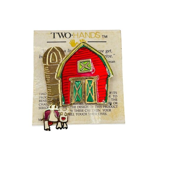 Vintage Red Barn & Cow Brooch Pin New Old Stock Two Hands Brand Farm House Pin - Picture 1 of 5